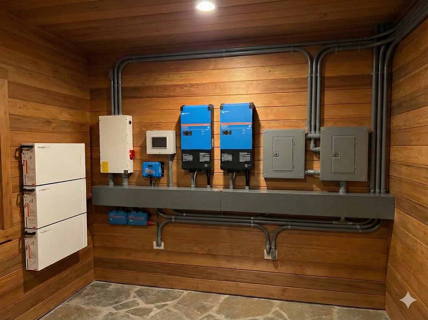 Sistema Victron Energy off-grid con paneles solares e inversores