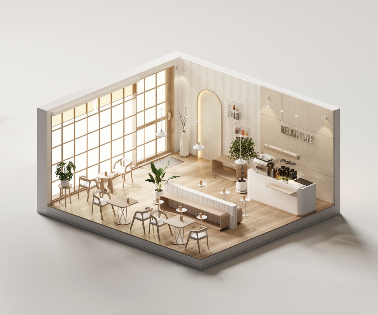 Isometric view black and white minimal cafe store interior architecture, 3d rendering digital art.