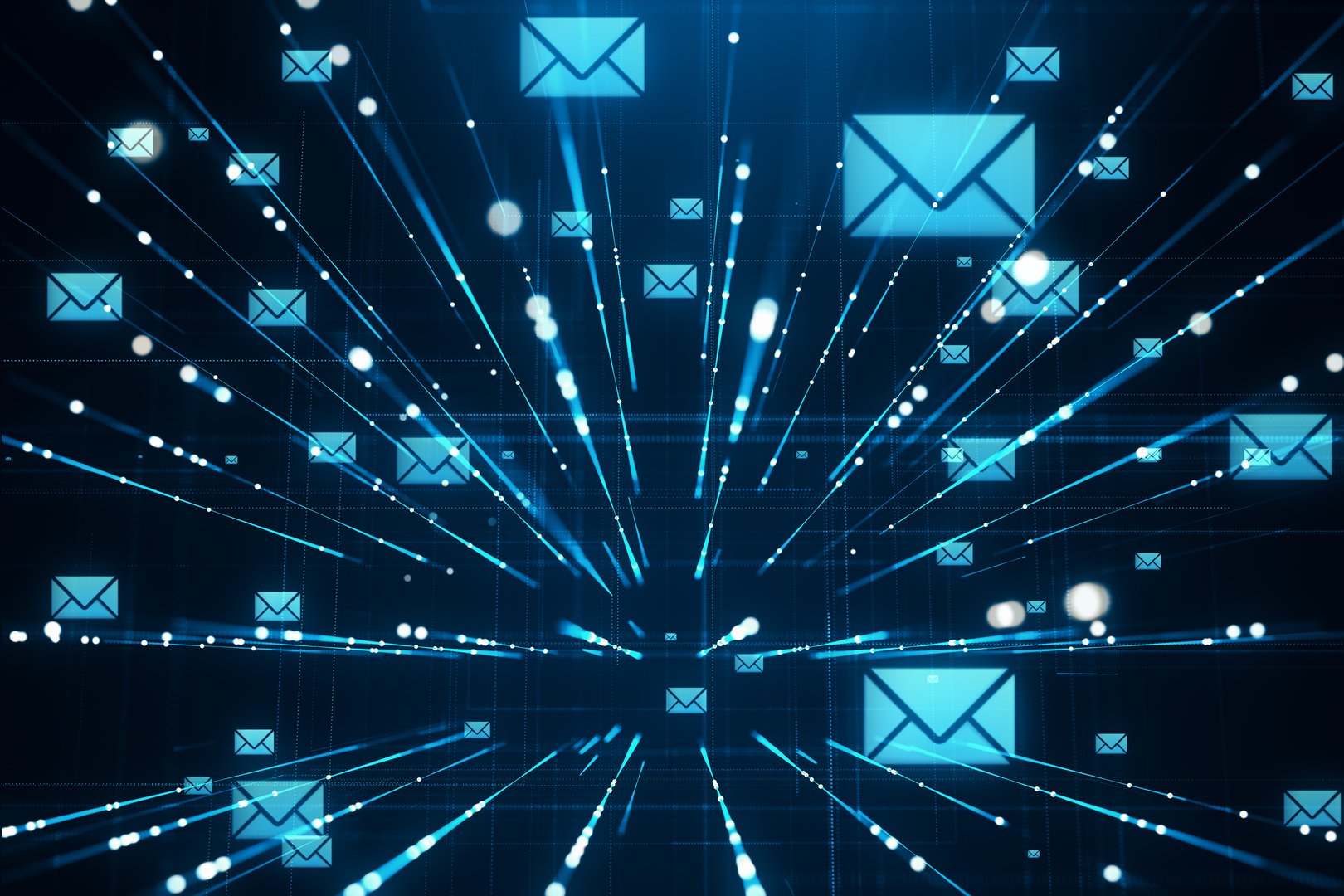 Multiple glowing envelope icons with light rays on a futuristic digital blue background. Concept of email, communication, and online messaging. 3D Rendering