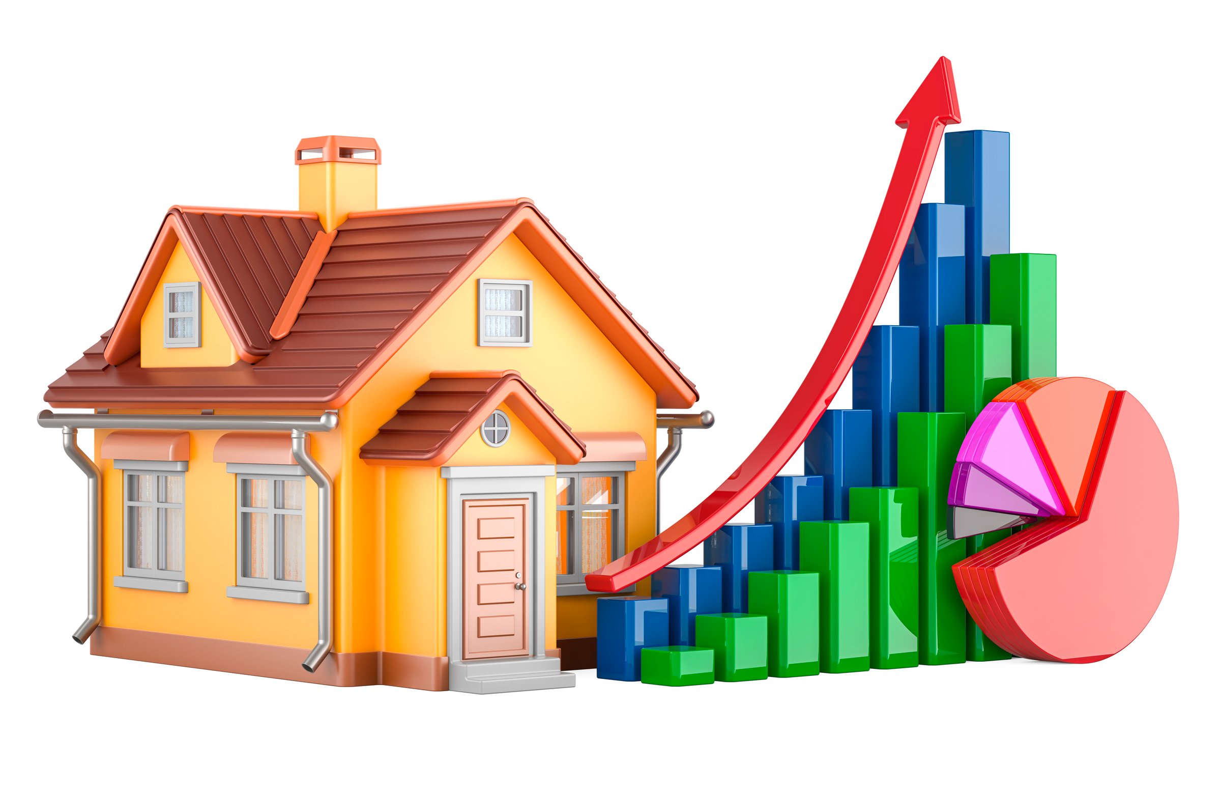 House with growing chart. Home with pie charts, diagrams, bars with growth arrow. 3D rendering isolated on white background