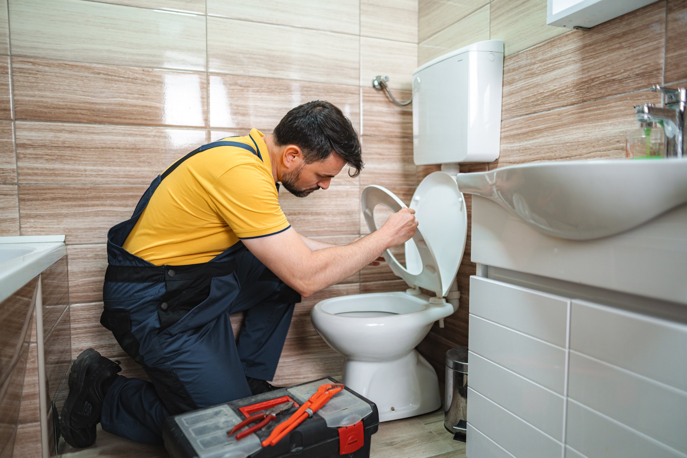 Plumber repairing toilet