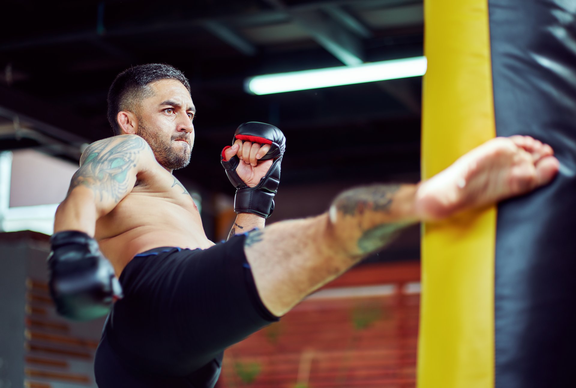 Powerful hispanic kickboxer training with a punching bag, wearing mma gloves, practicing his kickboxing skills in a gym