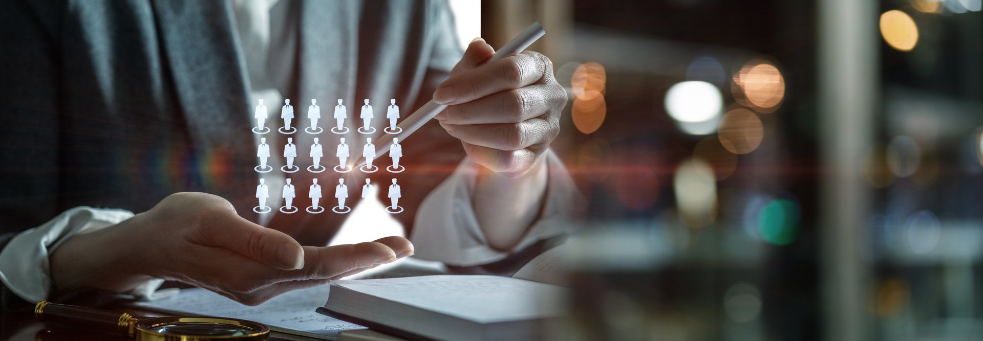 Digital recruiting and human resource management. The concept reflects modern hiring techniques of data analytics and human resource management.