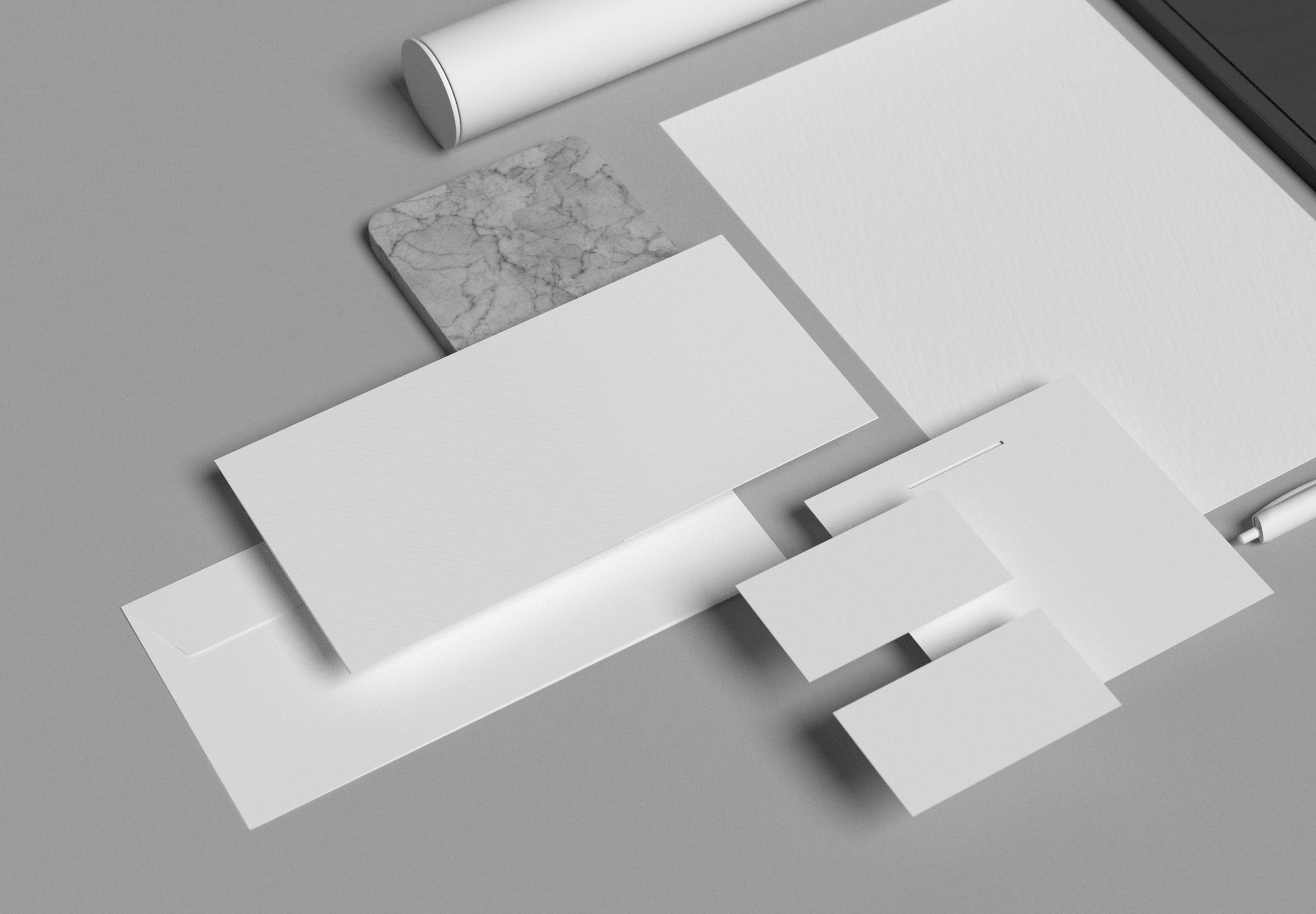 Stationery branding mockup template with red A4 Letterhead, business card, envelope, note book pencil, trifold brochure with gray background