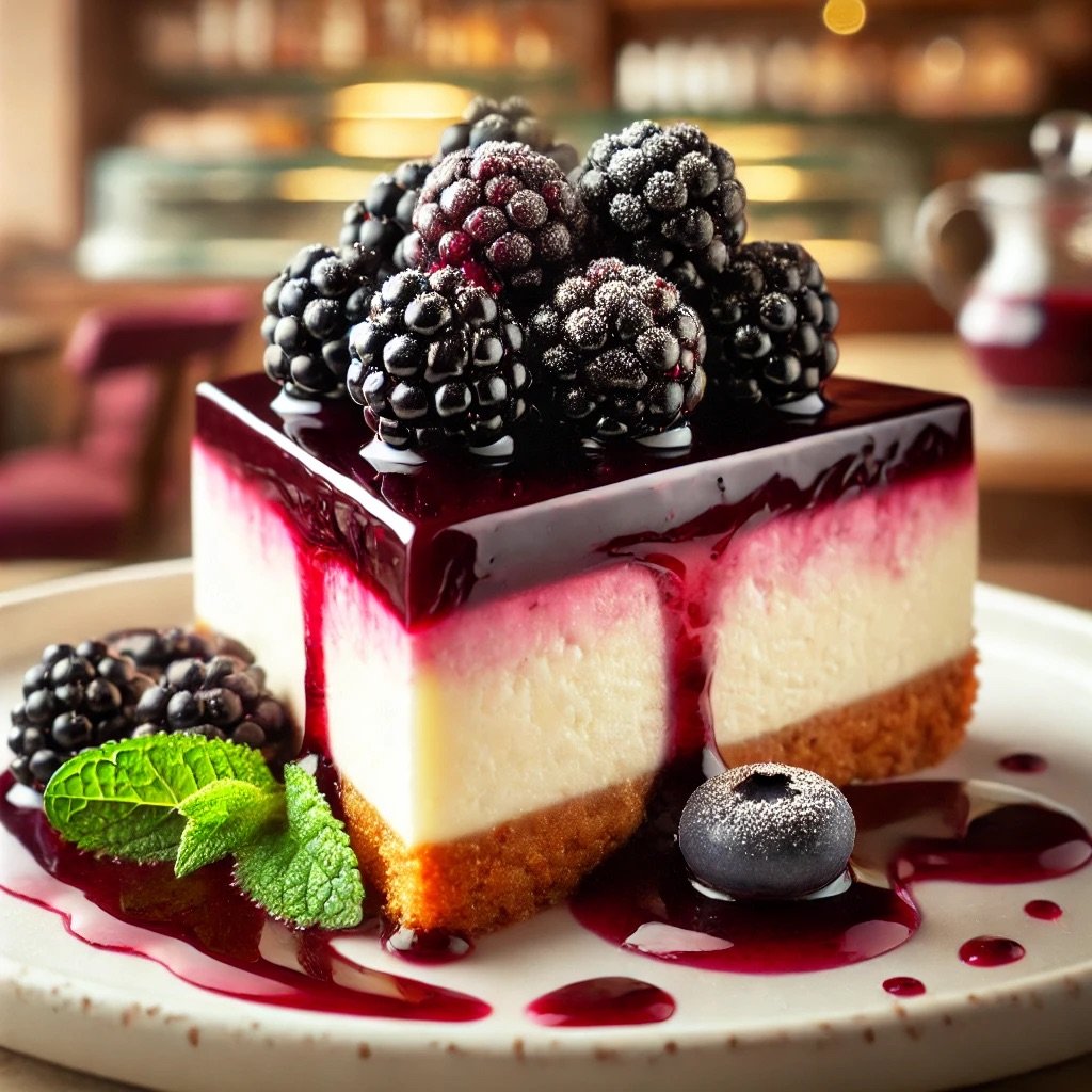 A slice of cheesecake with a graham crust, topped with blackberry sauce and fresh blackberries, garnished with mint leaves.