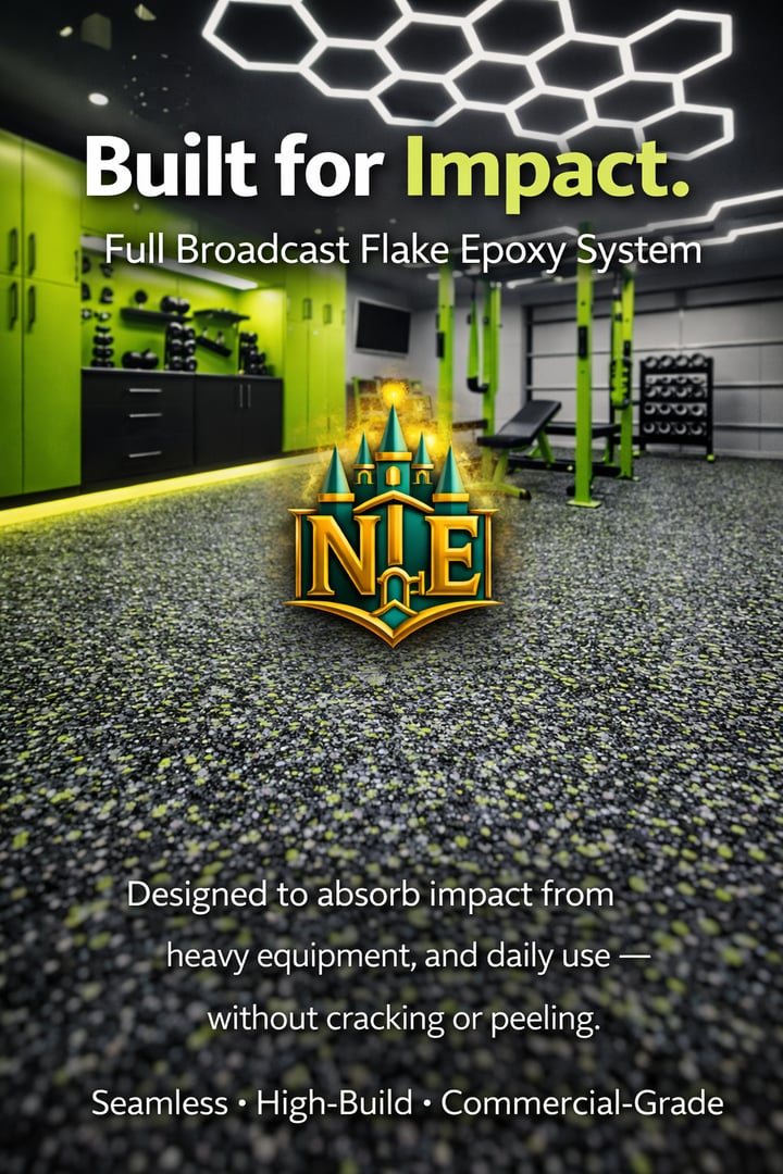 Custom gym garage floor with lime green impact-resistant flake system