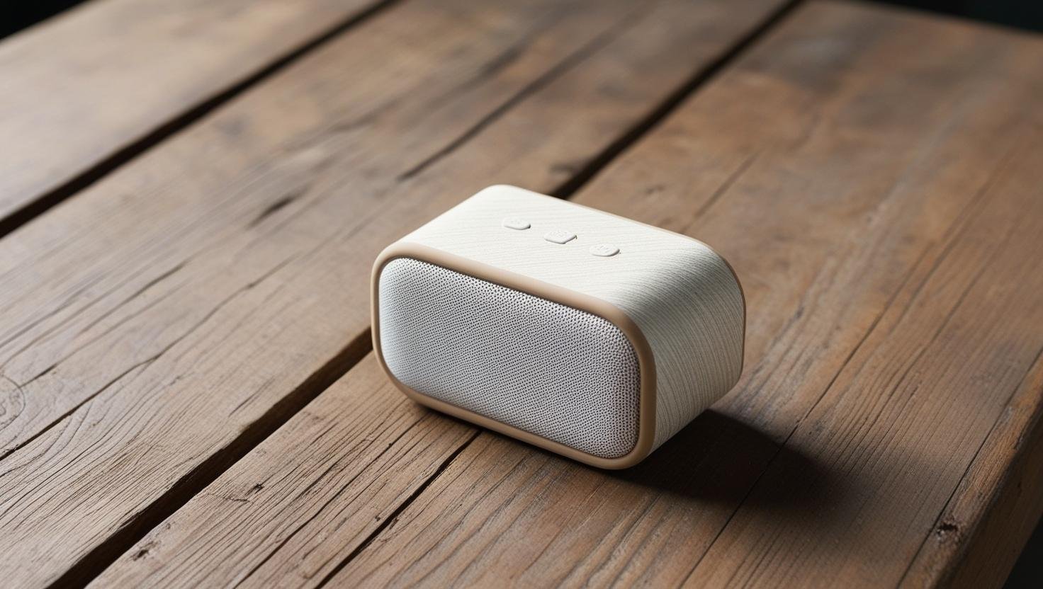A small portable speaker with a fabric front and beige casing sits on a wooden table.