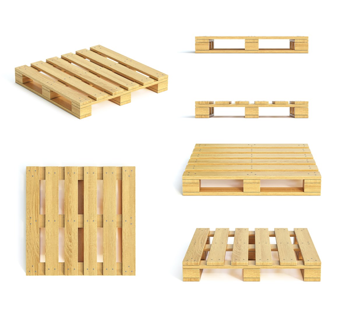 Wooden pallet various views isolated on white background 3d rendering