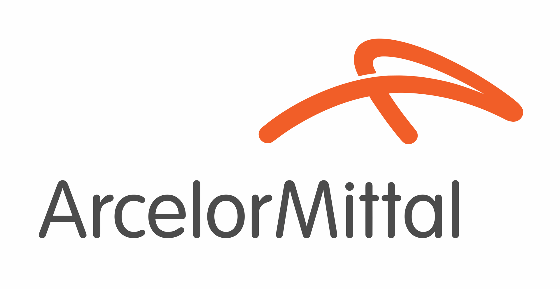 ArcelorMittal logo with stylized orange arc above the company name in gray lettering.