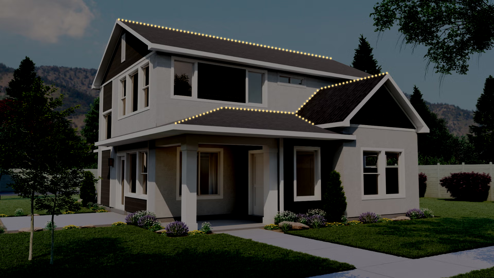Two-story ridgeline 150 feet Christmas lighting mockup