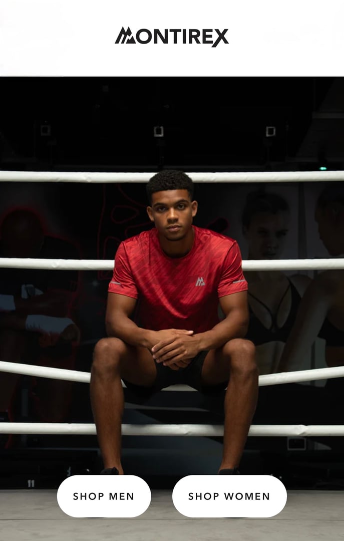 Professional boxing model showcasing Montirex sportswear in high-impact website campaign