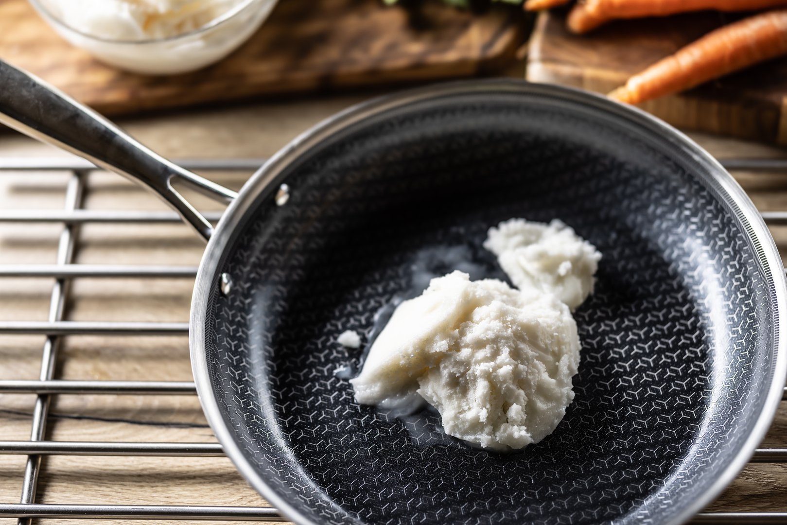 Pork lard in a non-stick cast iron pan.