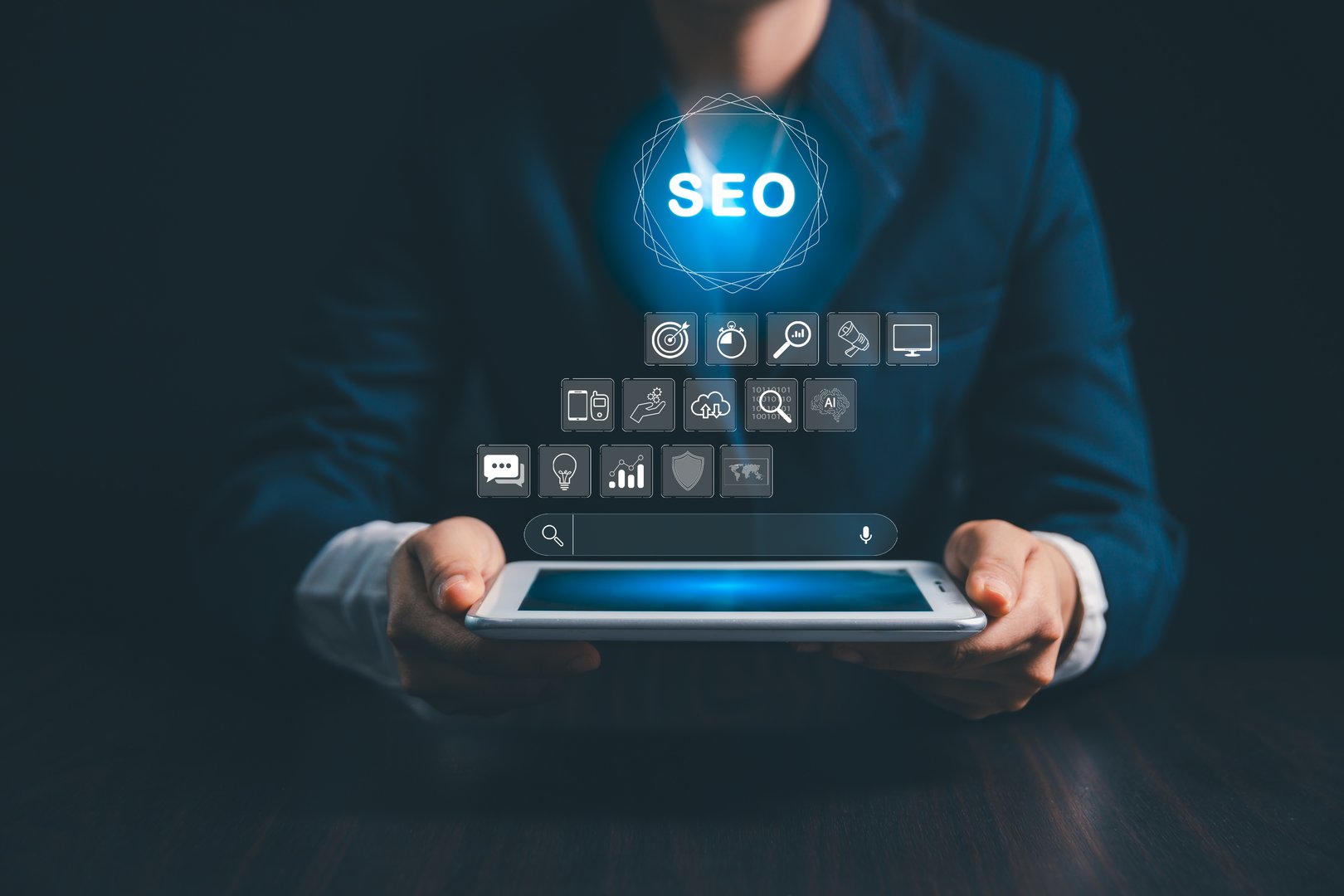 Person working on digital tablet manages search engine optimization, SEO, social media, content, advertisements boost website performance. internet business technology for promoting traffic website.