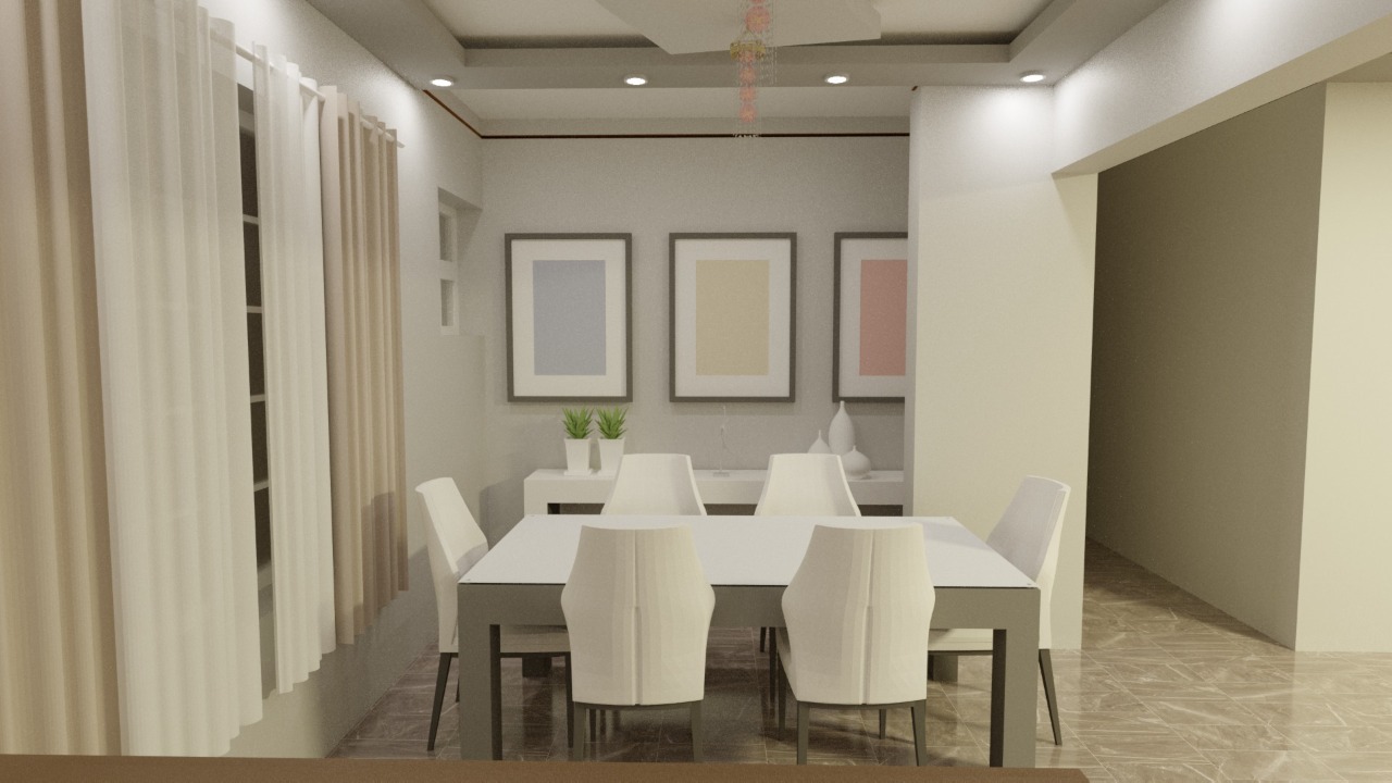 Modern dining room with a white table, six chairs, framed abstract art, and a plant on the table.