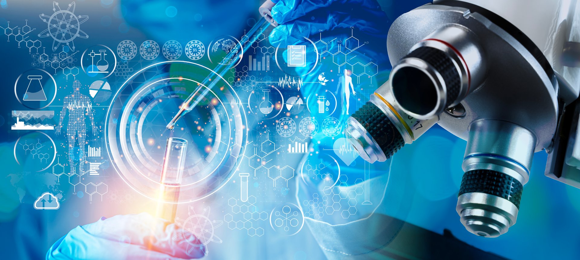 Medical research laboratory. A scientist works with a pipette and a test tube. Scientific laboratory of biotechnology, development of medicine and research in chemistry, biochemistry and experiments.