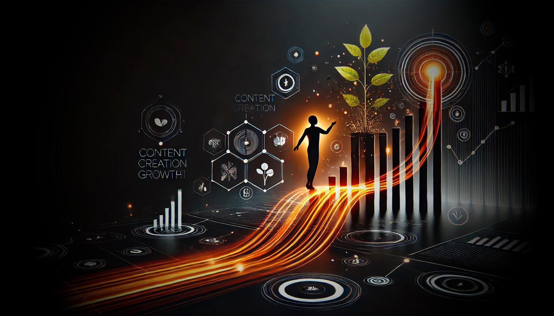 Silhouette of a person with growth icons and bar graphs, symbolizing content creation and growth in a digital landscape.