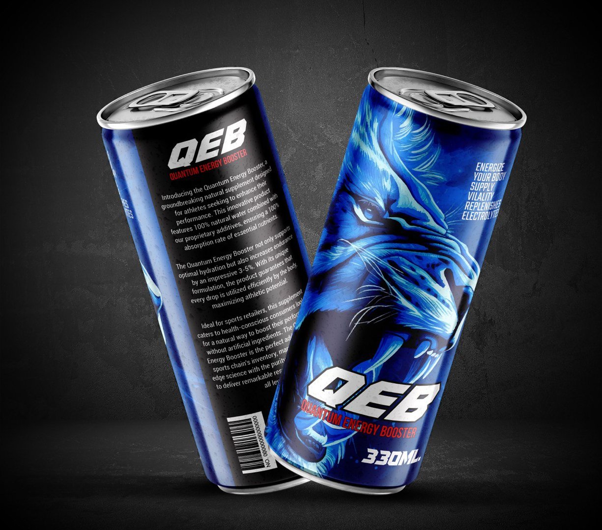 Two blue cans of QEB energy drink with a stylized lion design and text highlighting energy-boosting features.