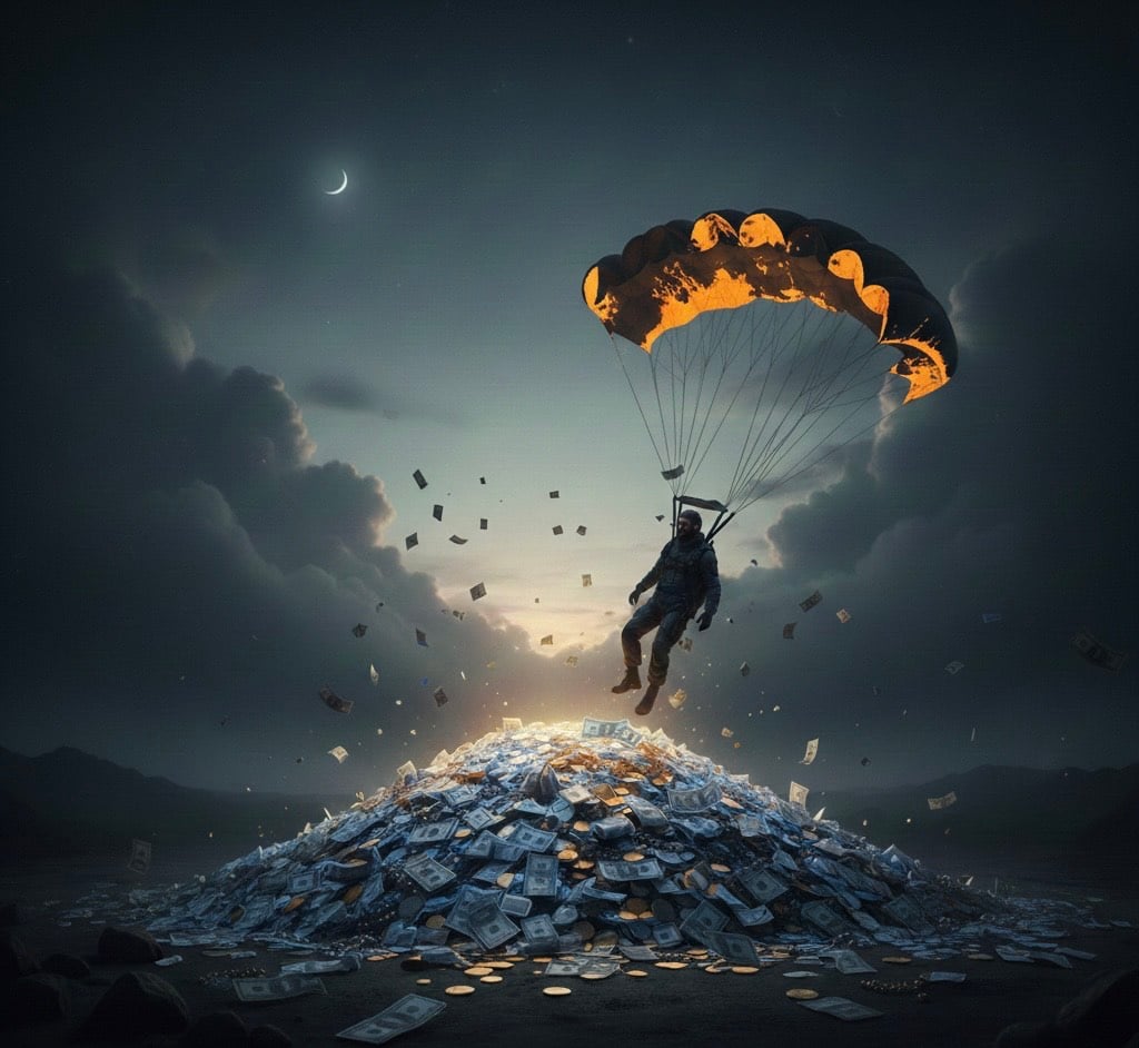 Man landing with parachute into pile of money