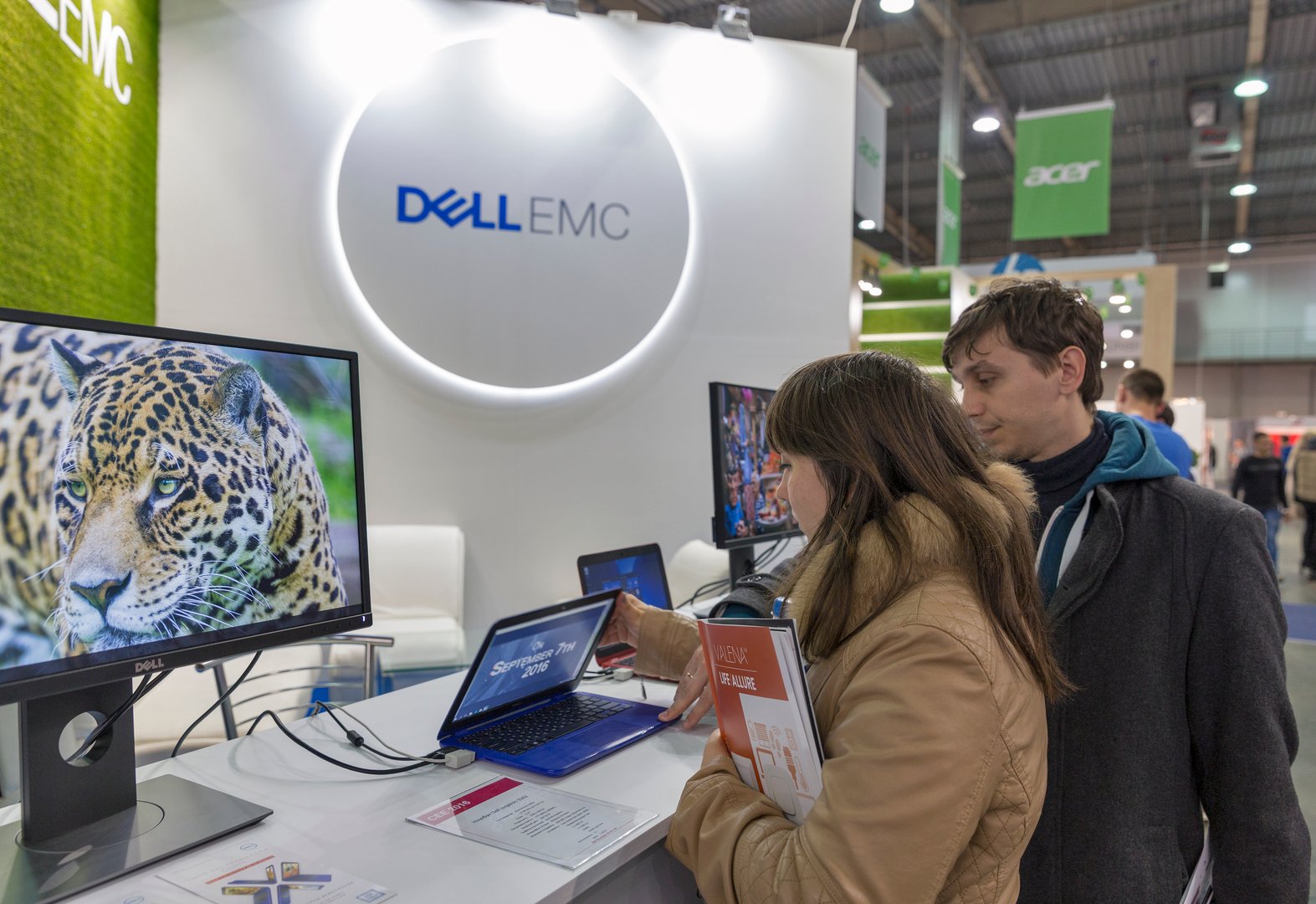 Kiev, Ukraine - October 9, 2016: Unrecognized people visit Dell Emc, an American data storage company booth during CEE 2016.