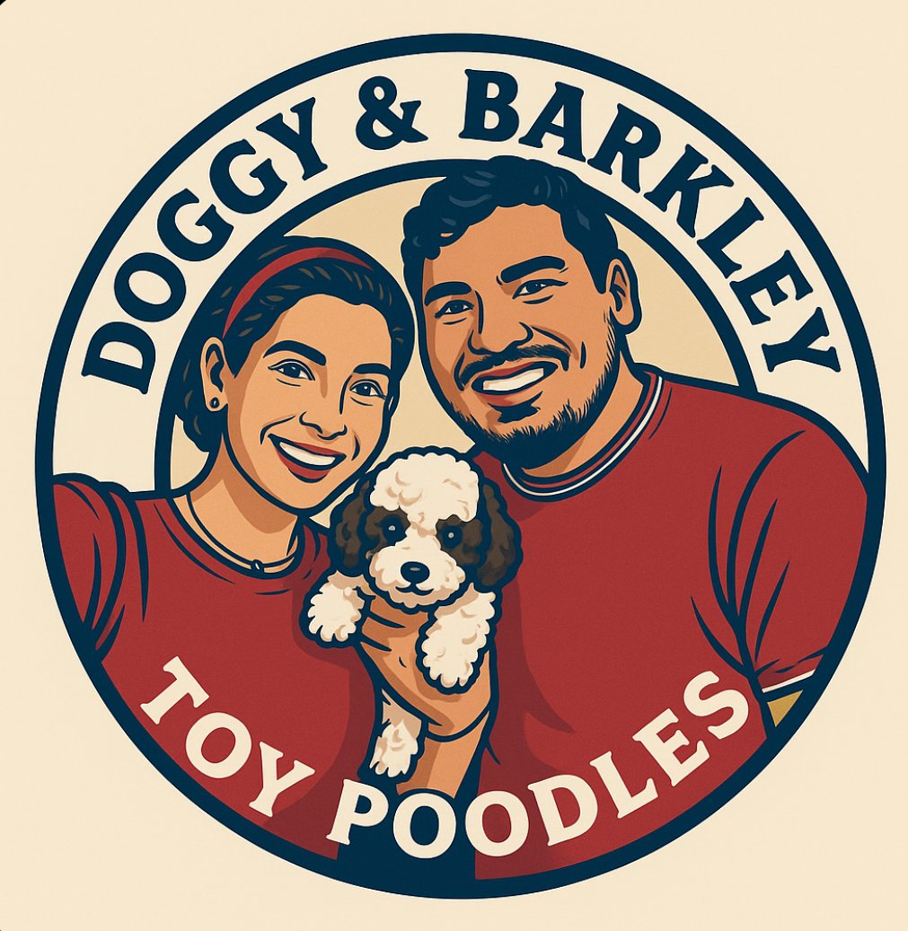 Illustration of a smiling couple with a toy poodle, surrounded by text reading "Doggy & Barkley Toy Poodles."