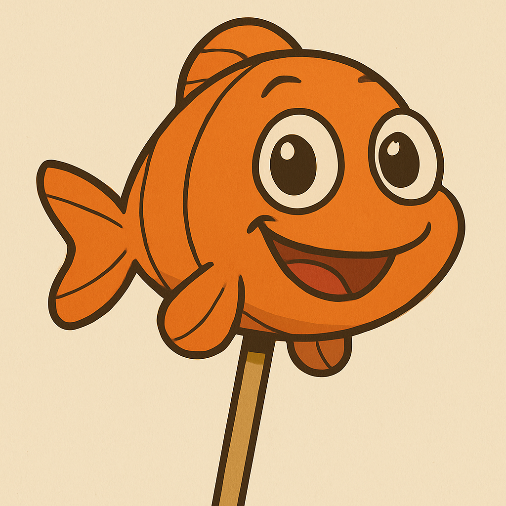 Cartoon of an orange fish with big eyes and a joyful expression on a stick, resembling a lollipop.