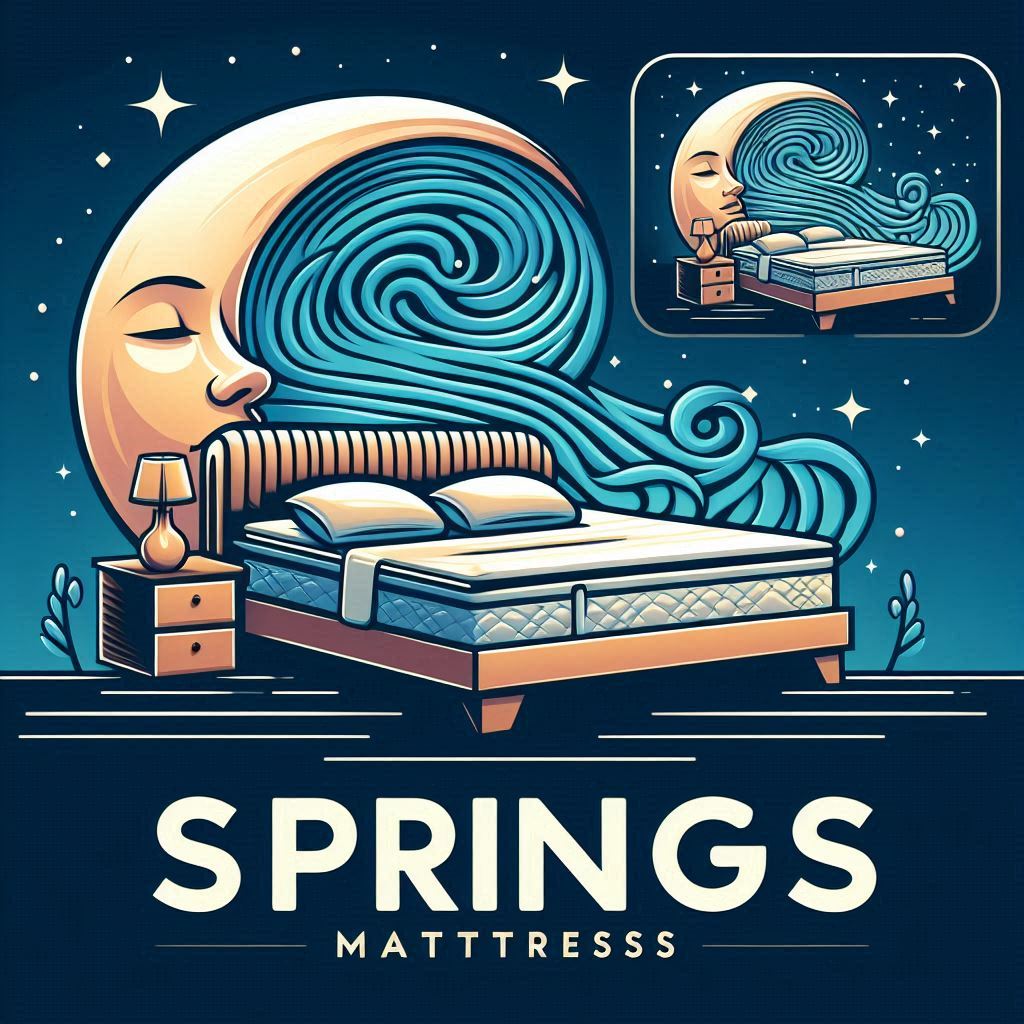 Surreal illustration of a bed with a moon blowing swirls, labeled "Springs Mattress."