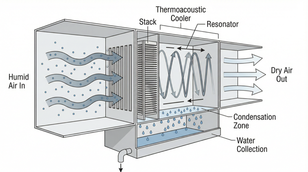 Thermoacoustic dehumidification in hospital or laboratory environment