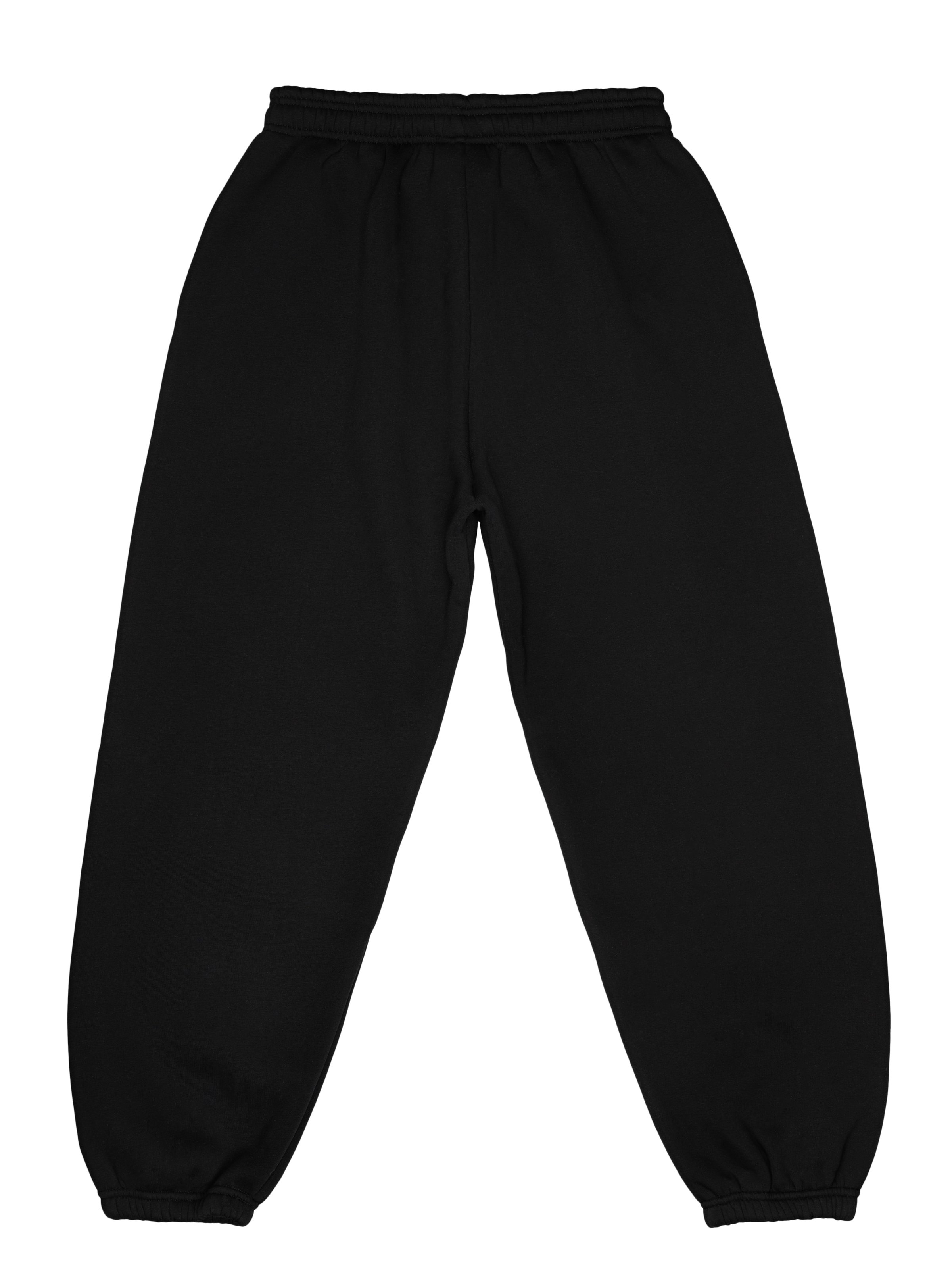 Black cotton sporty trousers mockup isolated on white background, top view, back view.