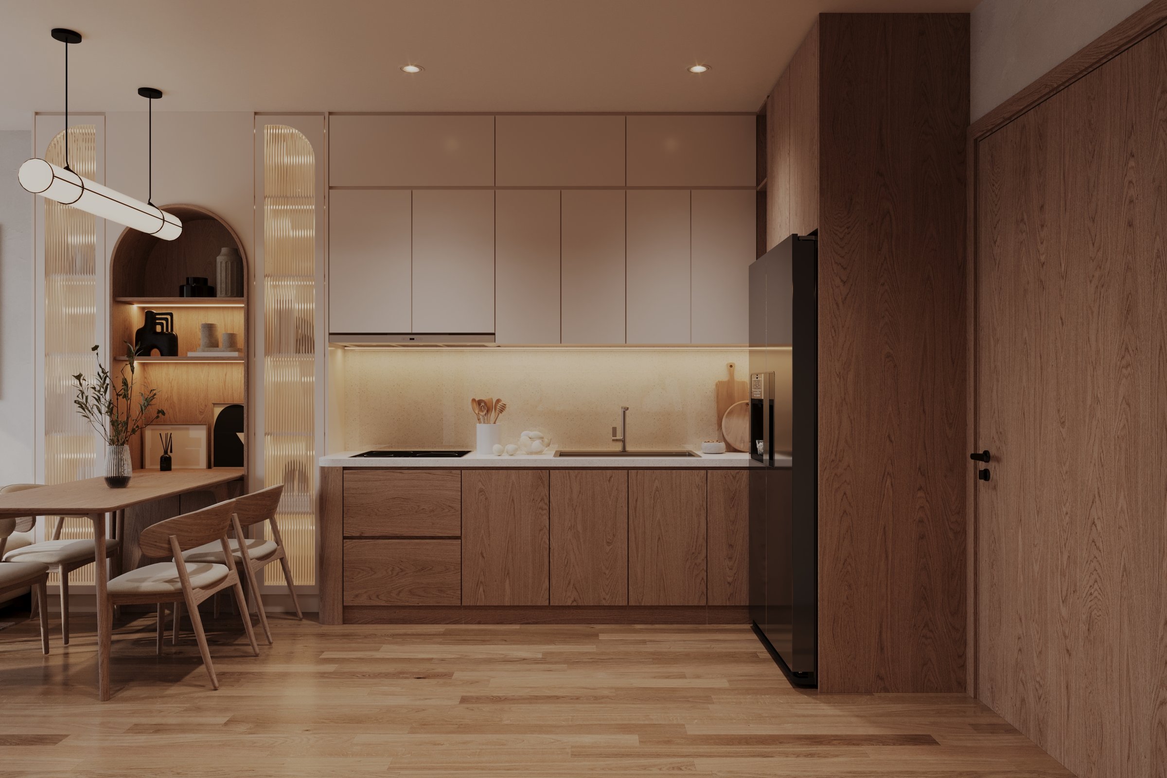 A harmonious blend of wood, metal, and concrete kitchen interior