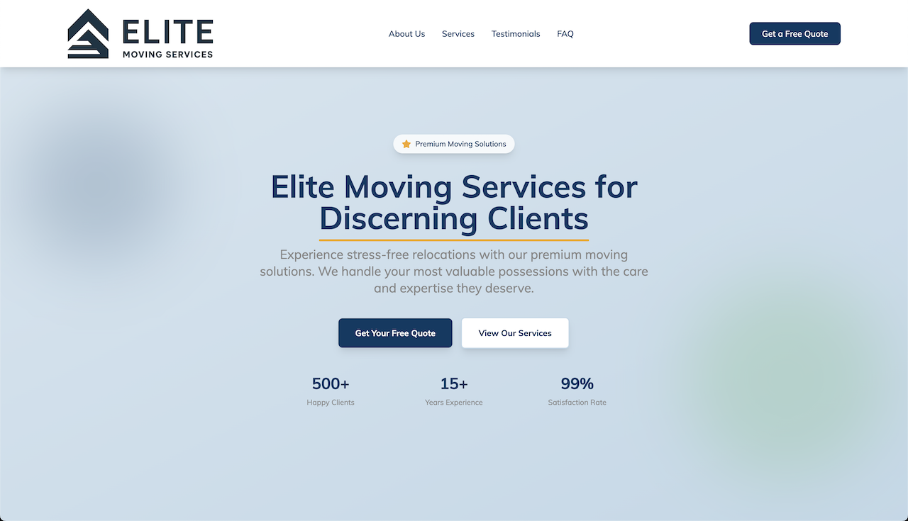 Example moving company website created by AI builder