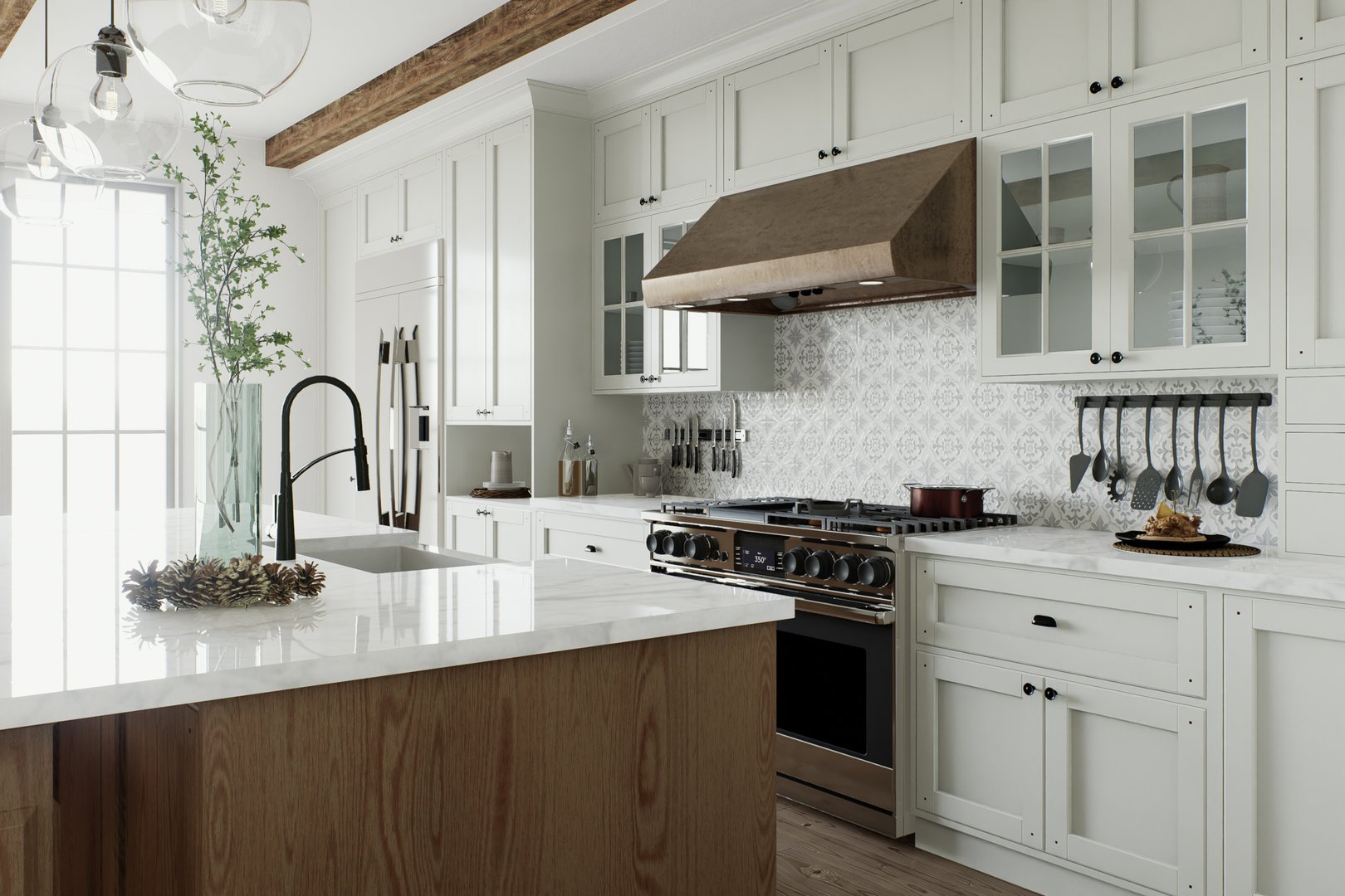 Modern minimalist kitchen renovation with white cabinets, wooden island, and contemporary design elements showcasing clean lines and functional storage solutions