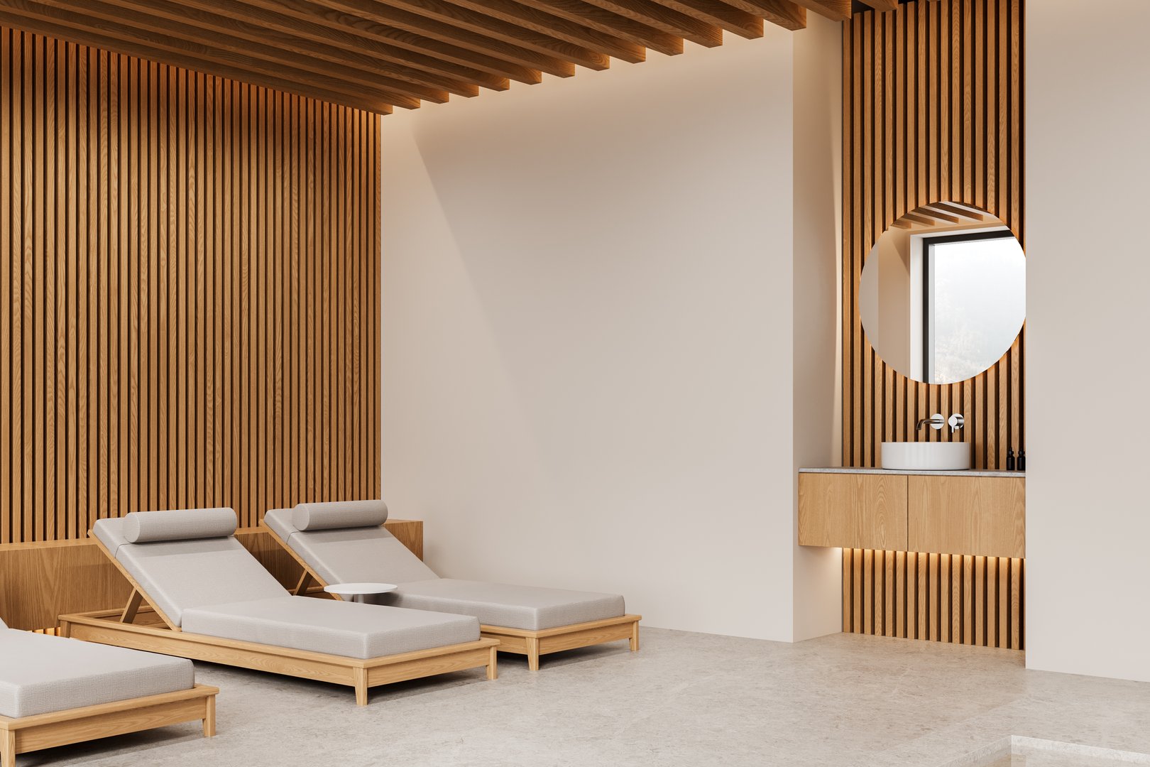 Elegant spa interior featuring lounge chairs, wooden slat walls, and a floating vanity with a round mirror. Neutral tones and soft lighting create a serene ambiance. 3D Rendering.