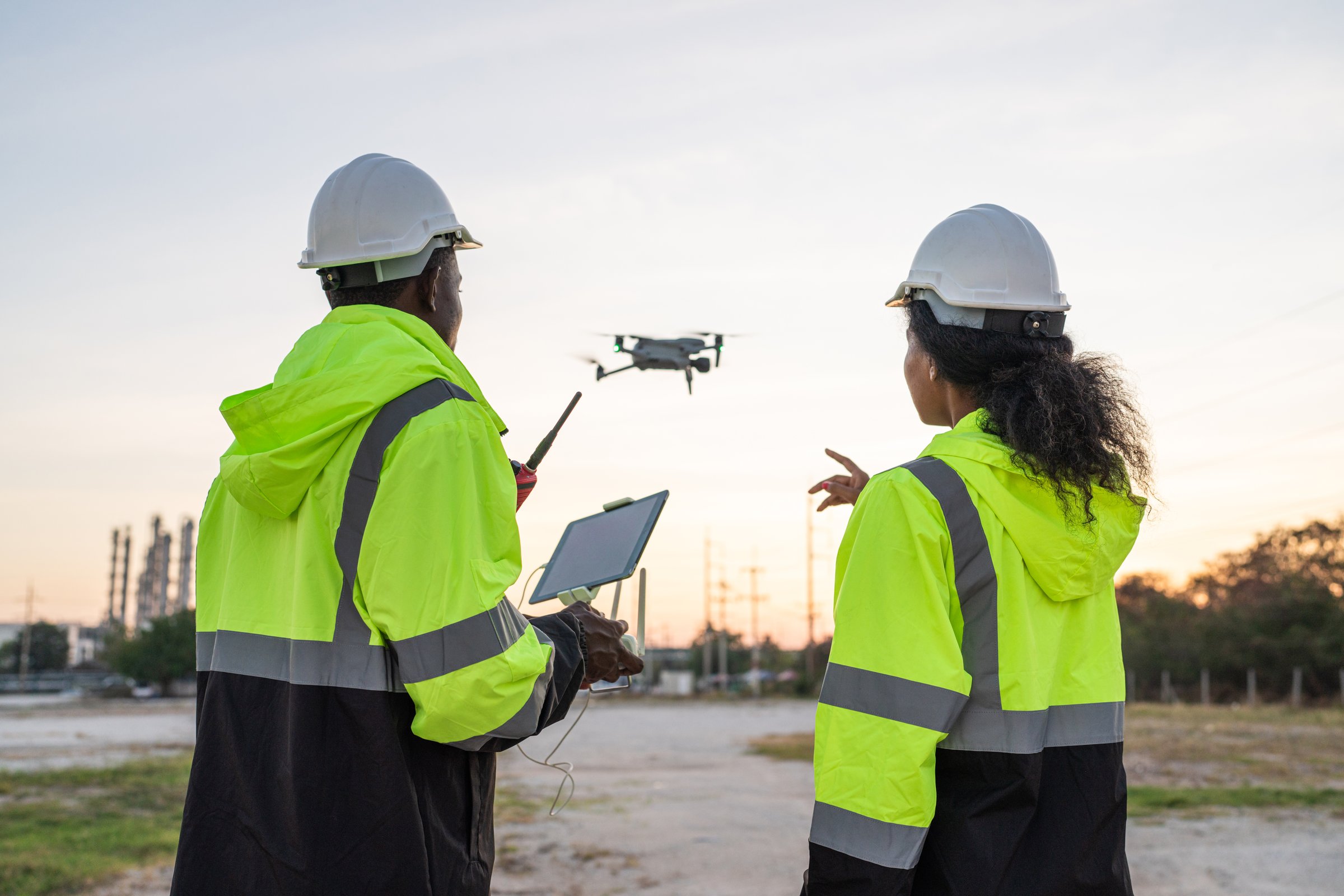 Team of Engineer Specialists Pilot Drone on Construction Site. Architectural Engineer and Safety Engineering Inspector Fly Drone at industrial plant.