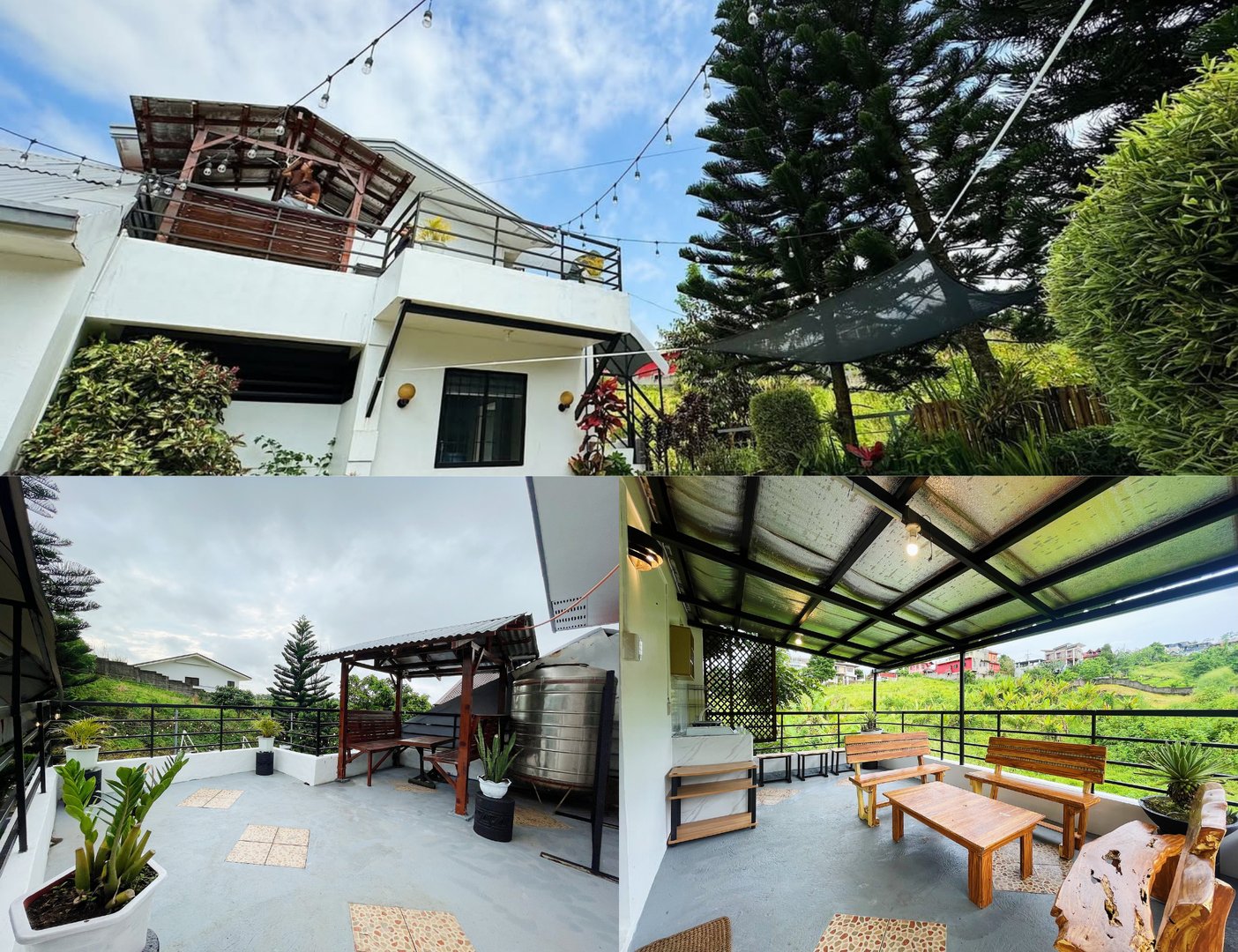Collage of a modern house with outdoor patio, string lights, wooden furniture, and lush garden surrounded by pine trees.