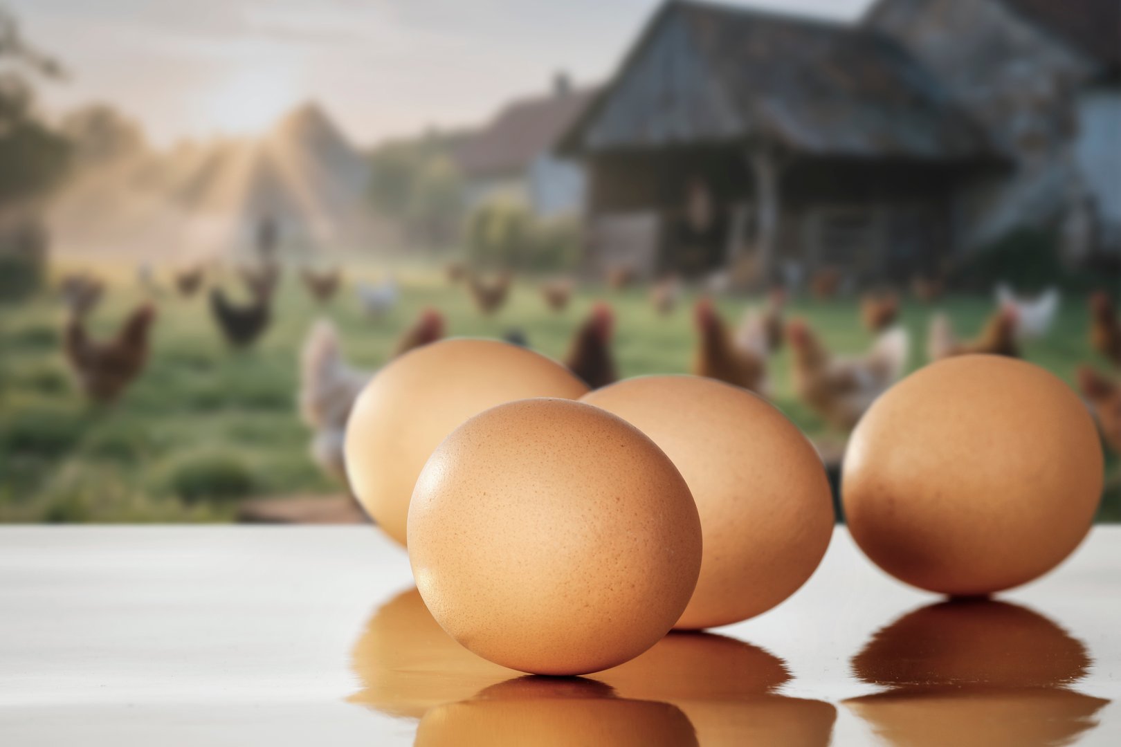 Fresh organic eggs on table with blurred background of free-range chicken farm – healthy eating, natural farming, and eco-friendly food production lifestyle concept.