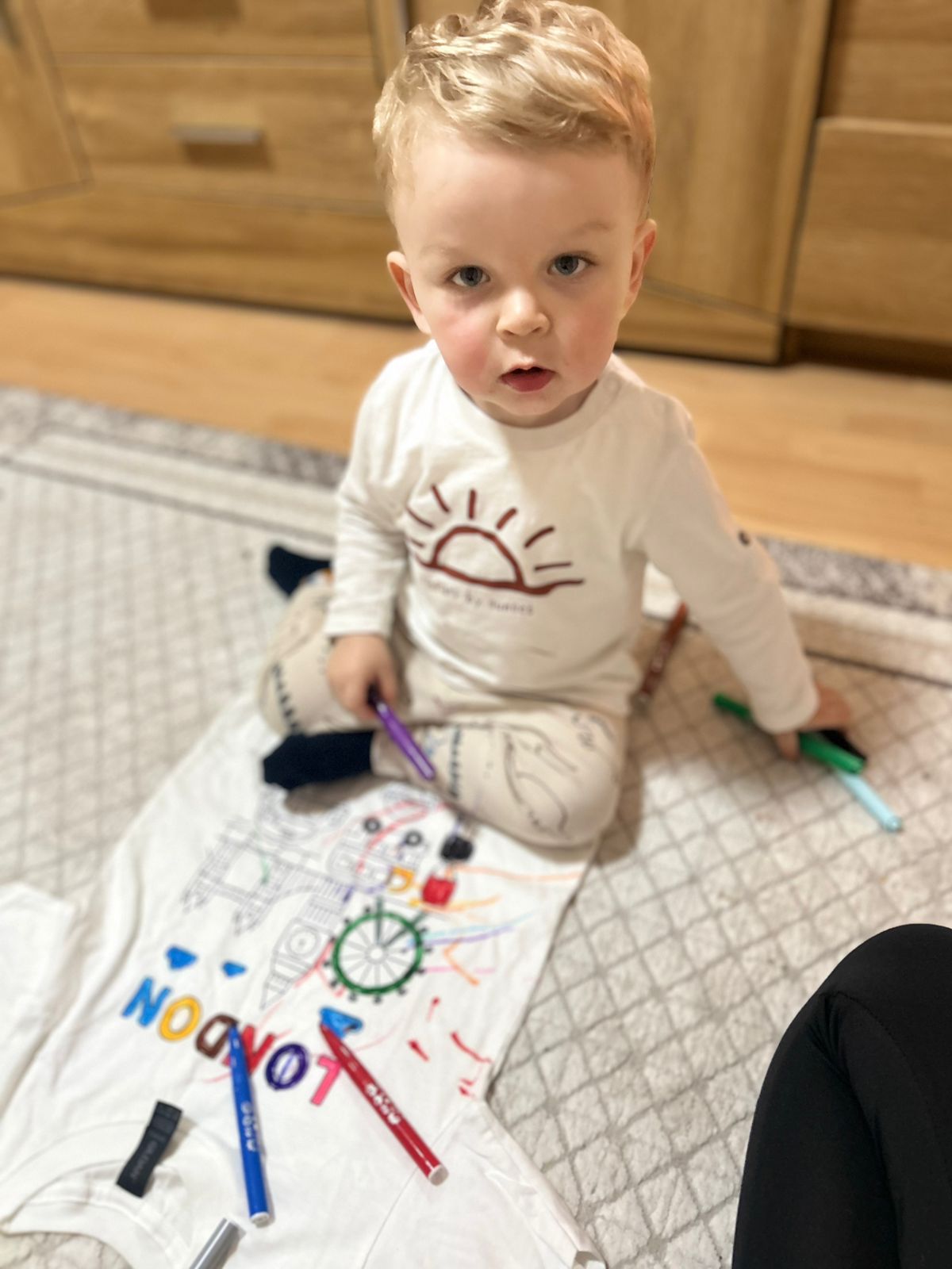 Roel enjoying colouring his London T-shirt