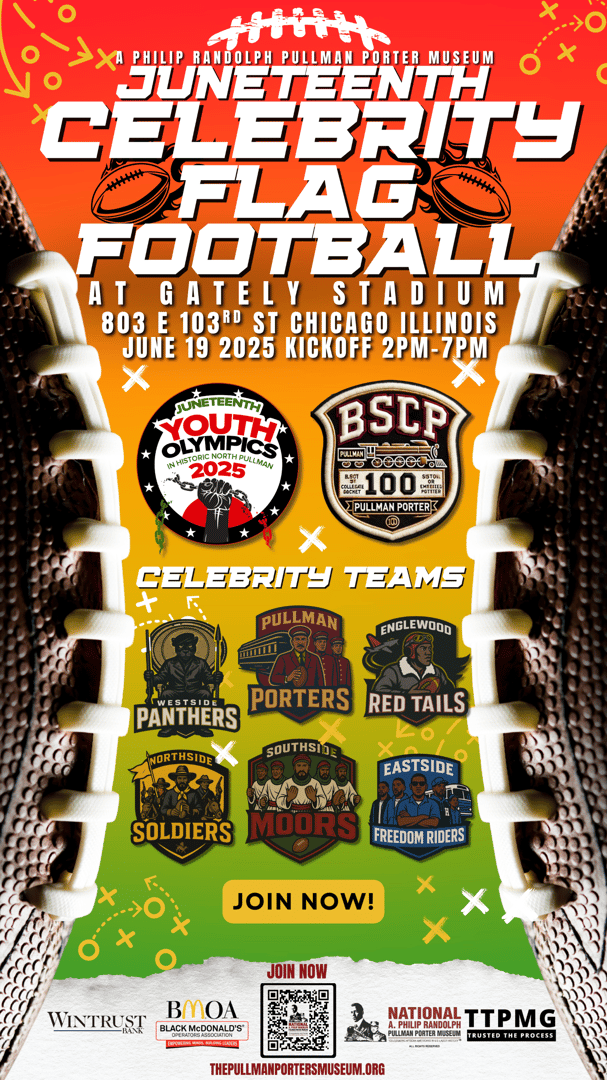 Juneteenth Celebrity Flag Football event poster with team logos, date, time, and location at Gately Stadium, Chicago, 2025.