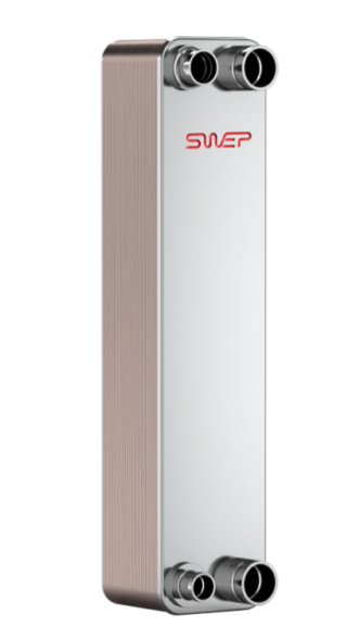 A SWEP heat exchanger with a silver metal casing and four pipe connections, designed for efficient heat transfer.