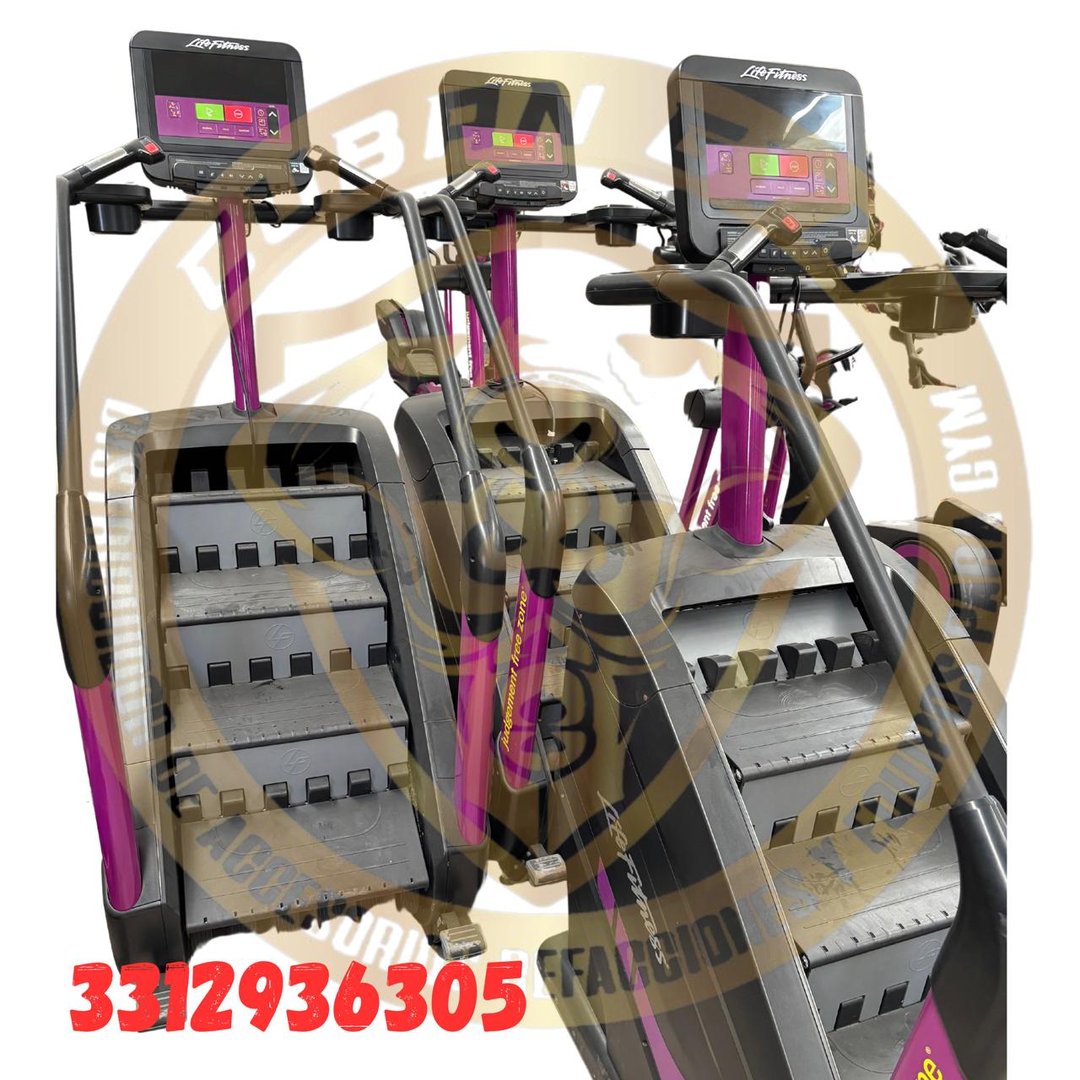 Three stair-climbers in a gym with screens and handles, featuring bold magenta details and a phone number overlayed.