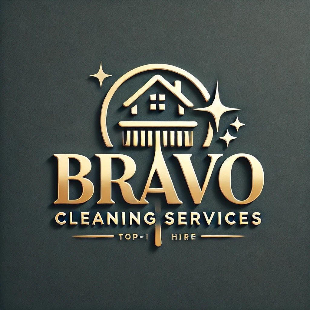 Gold Bravo Cleaning Services logo with a house, broom, and sparkles on a dark background.