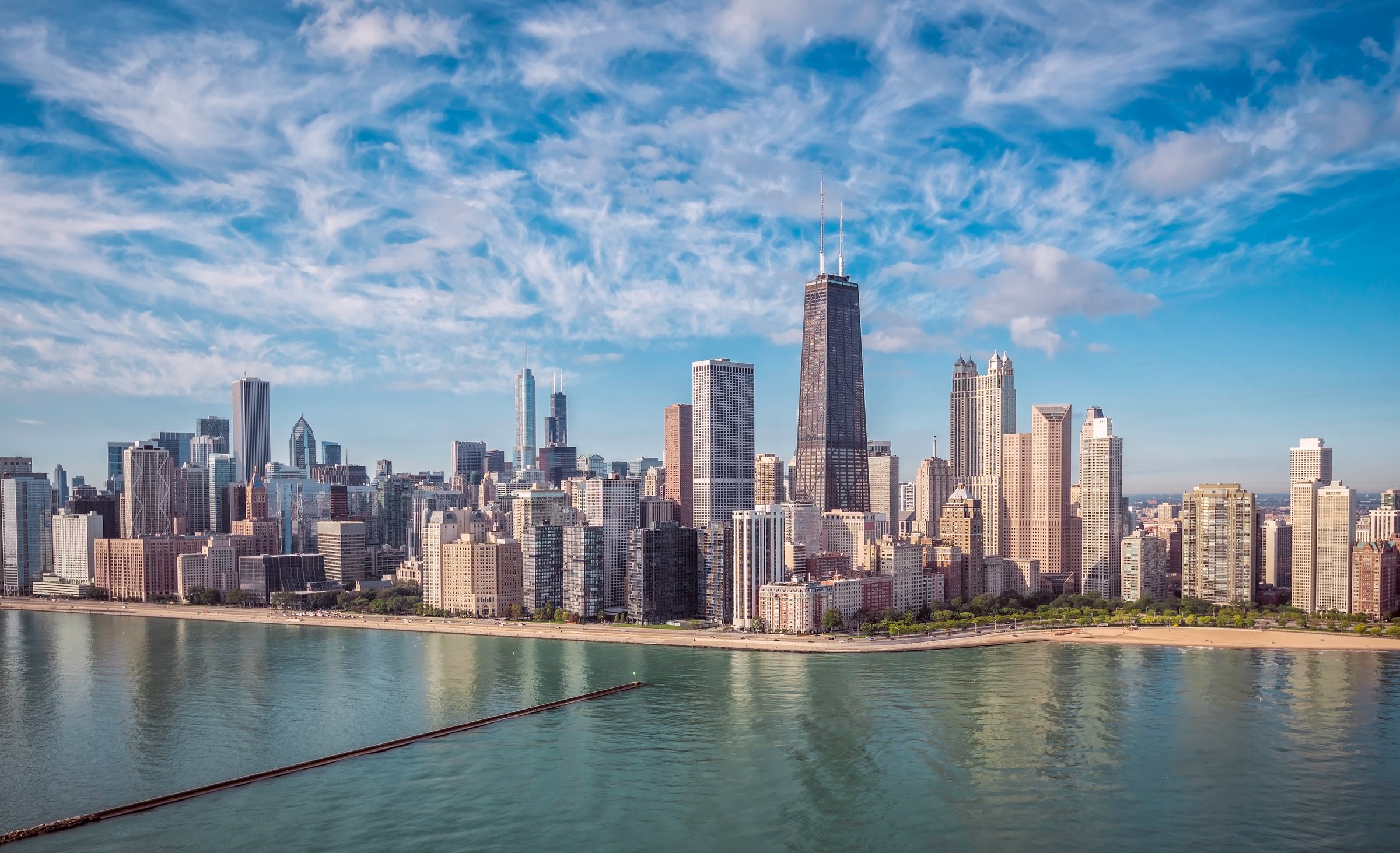 Chicago Skyline aerial view with park and the beach