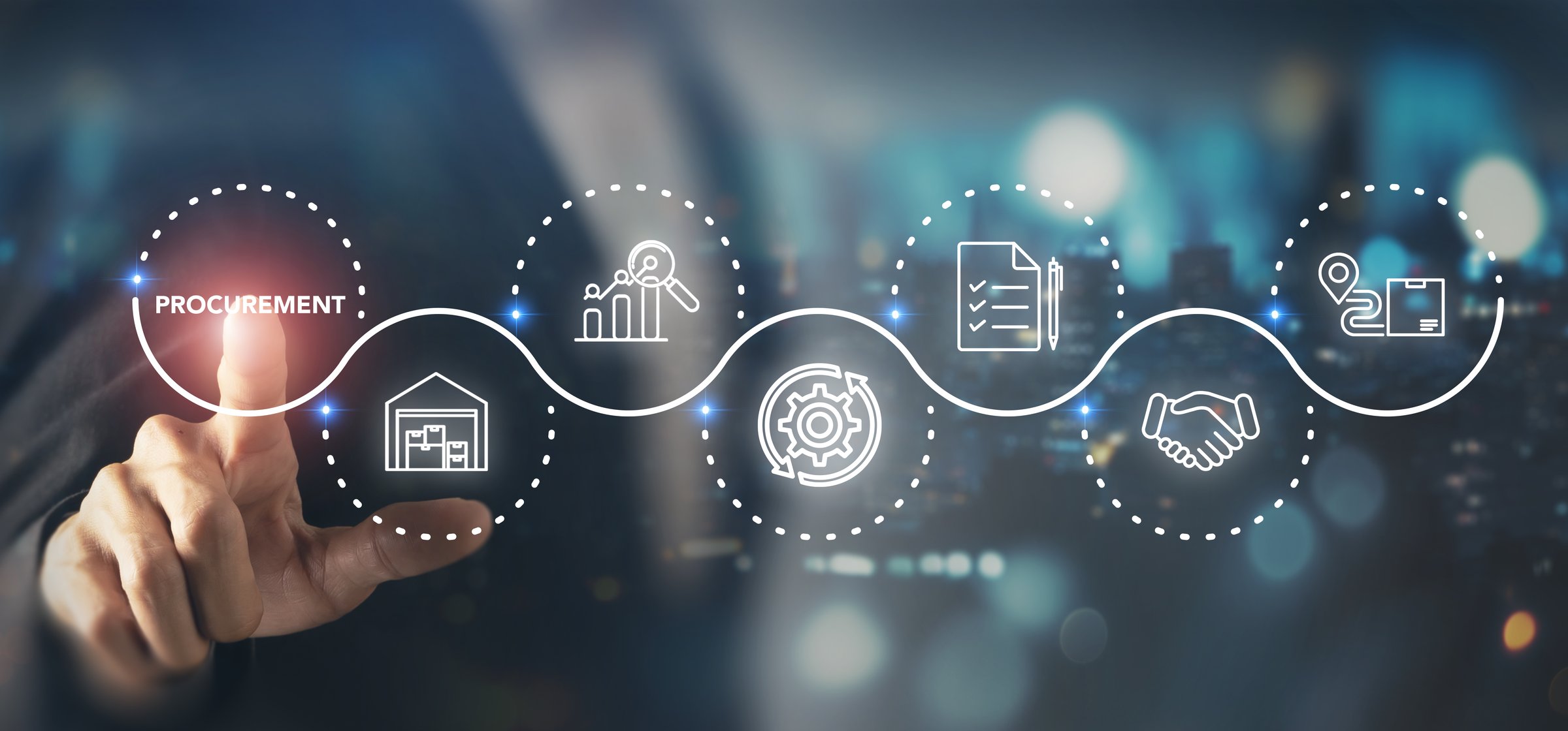 Digital procurement and supply chain management concept. Digital procurement process integrated with analytics, logistics, contracts, supply chain management. Digital transformation, business solution