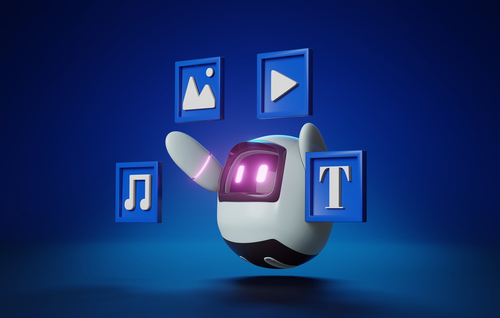 Cute robot picks up quick command for creating art. Advertising copywriting and songwriting based on data analysis and processing with artificial intelligence technology. 3d render illustration.