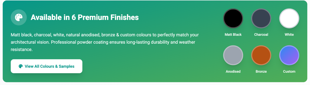 Complete aluminium door color chart showing all available finishes and powder coating options
