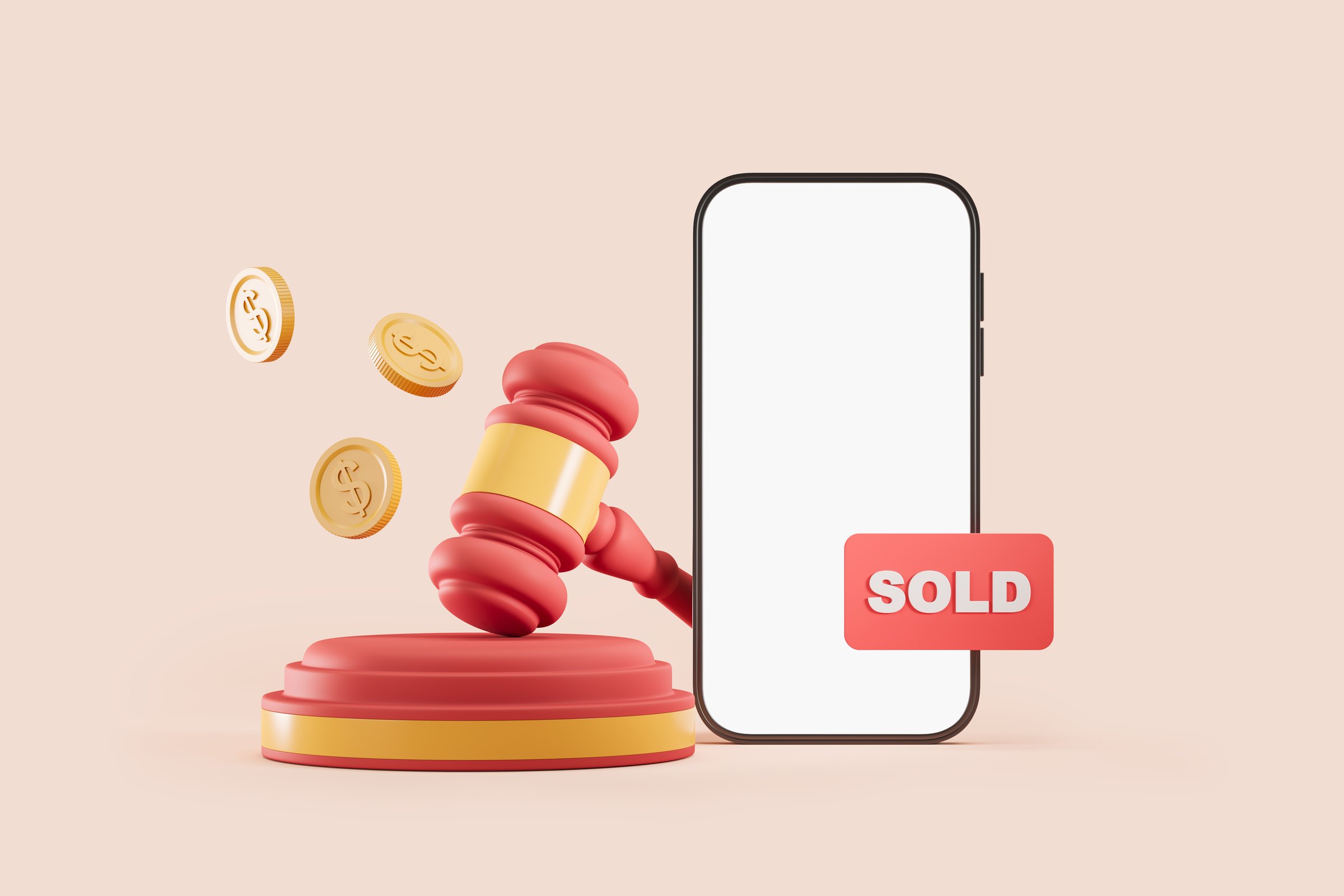 Mobile phone and auction gavel on pink background with coins flying. Concept of online sales. Mockup copy space display. 3D rendering