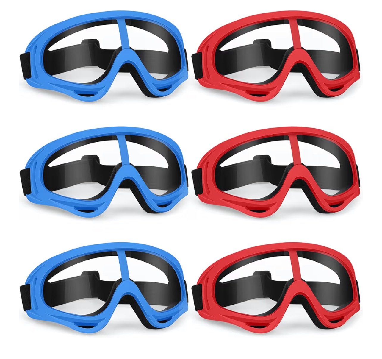 The woman is standing leaning over, looking down at the seated girl, who is wearing safety glasses and looking up at the woman.