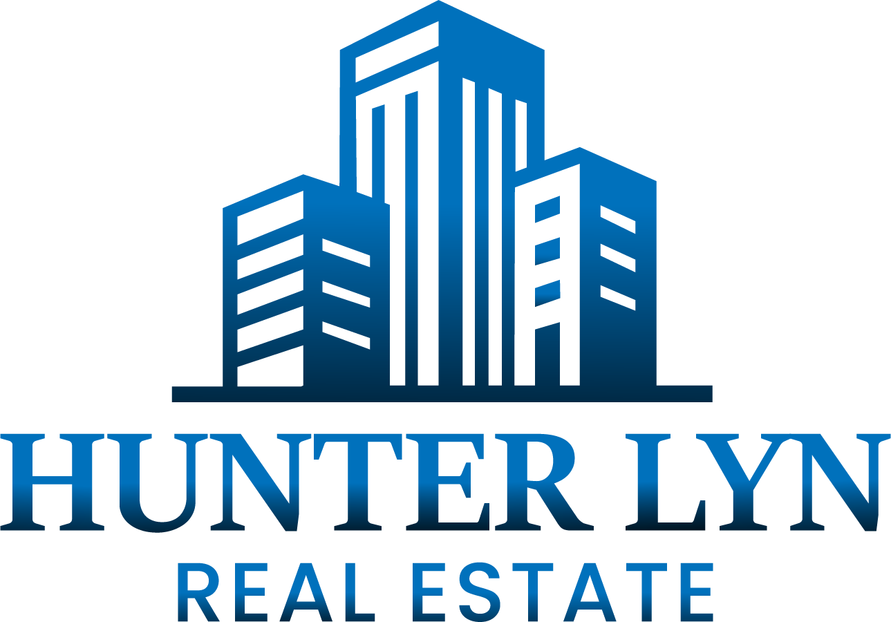 Logo of Hunter Lyn Real Estate featuring stylized blue skyscrapers above the company name in bold letters.