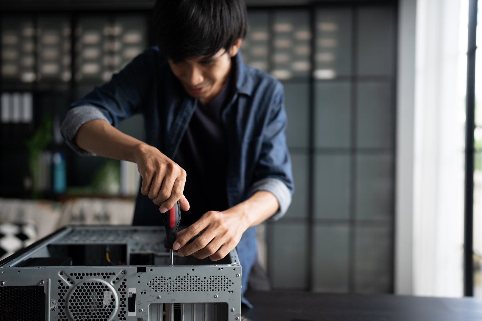 IT Engineer installing Hardware Equipment Development Facility Engineer Â Maintenance computer Motherboard Electronic repair shop technology business.