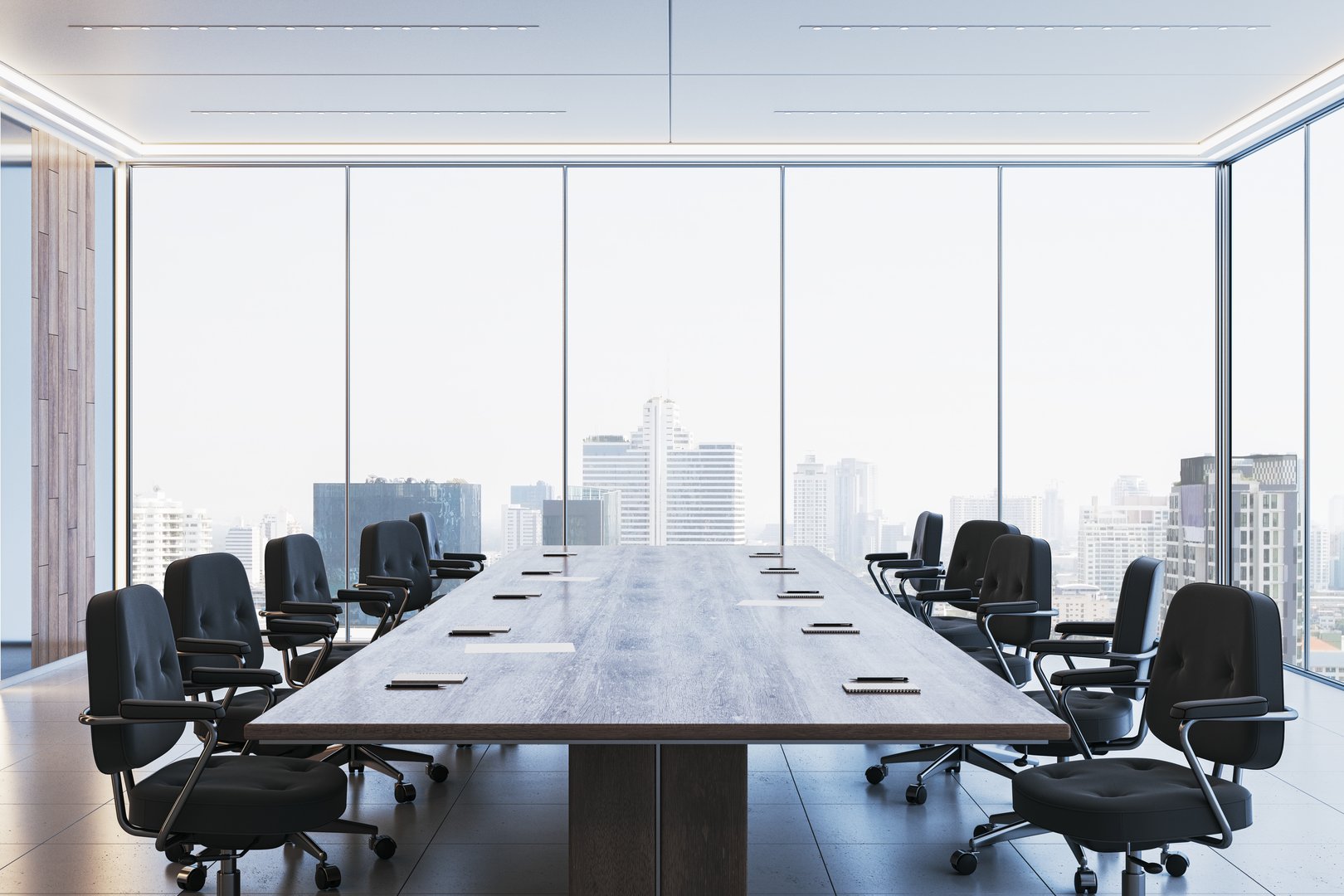 Spacious corporate boardroom with sleek black chairs, a long wooden desk, and floor-to-ceiling windows offering a city view. Contemporary design. 3D Rendering.