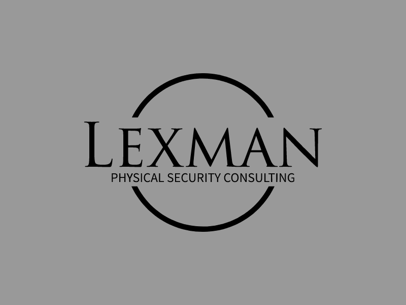 Lexman Physical Security Consulting logo with circular design on a gray background.